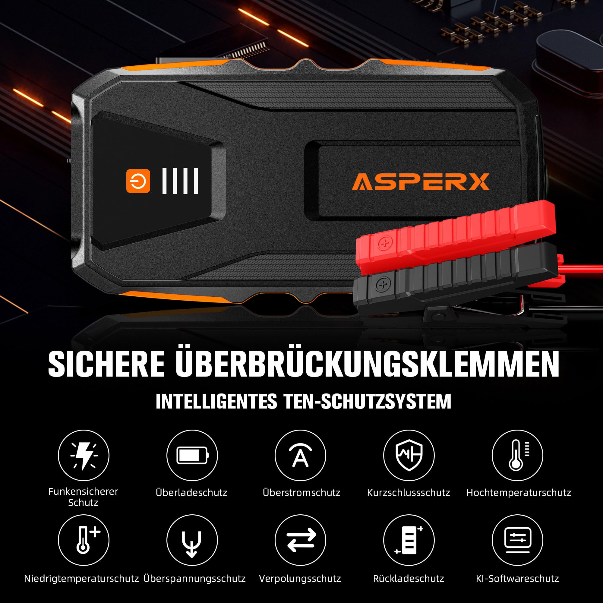 AsperX Starthilfe Powerbank 3000A 12V(Bis Zu 10,0L Benzin oder 8,0L Diesel) Auto Starthilfe mit Starthilfekabel,LED Taschenlampe,IP64 Wasserdicht,Jump Starter für PKW LKW UTV Van Motorrad