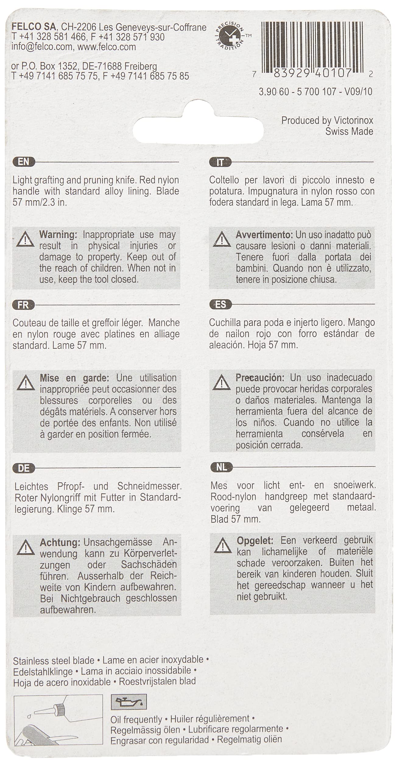 FELCO 3.90 60 Okulier- und Schneidmesser (Länge 100 mm, Klinge 57 mm, Schneidmesser für Pfropfungen, Klinge stark gebogen, Gartenmesser aus Edelstahl)