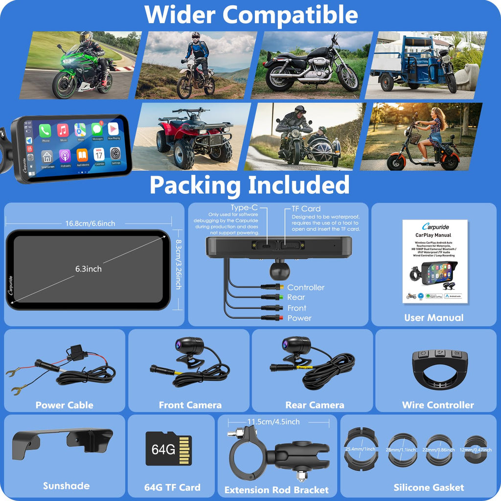 Carpuride W603D, 6,3-Zoll Motorrad-GPS-Carplay-Bildschirm, Kabelloses CarPlay und Android Auto für Moto, mit Doppelkameras, Fernbedienung, IP67 Wasserdichtem, BT Aduio, Loop-Aufnahme
