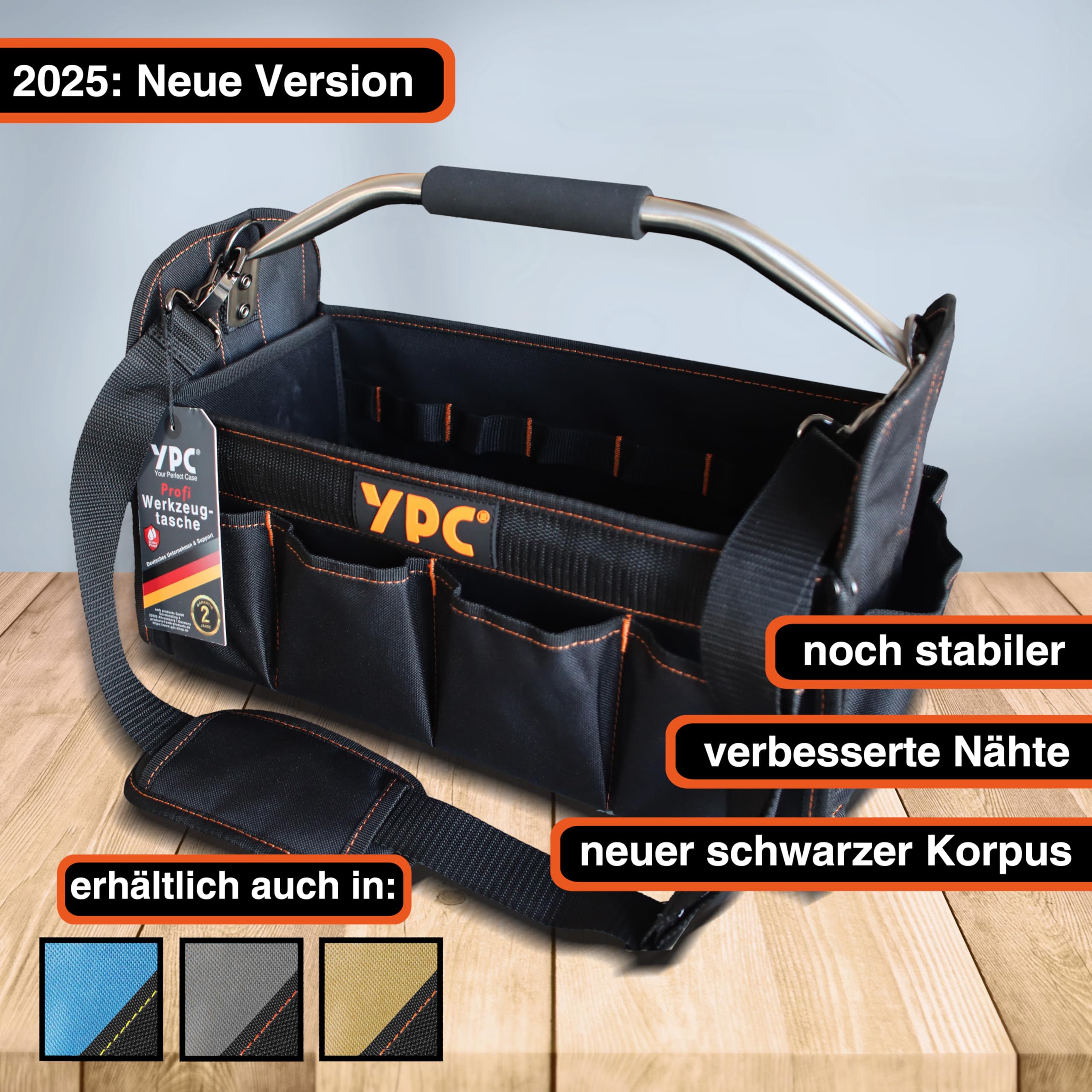 YPC Carrier Werkzeugkorb XL – Tragbare Werkzeugtasche mit stabilem Boden, Wasserfest, Reißfest, Faltbar, Schultergurt mit Polster & Metall-Handgriff, Schwarz, 40,5x30x19,5cm – 20 kg Tragkraft