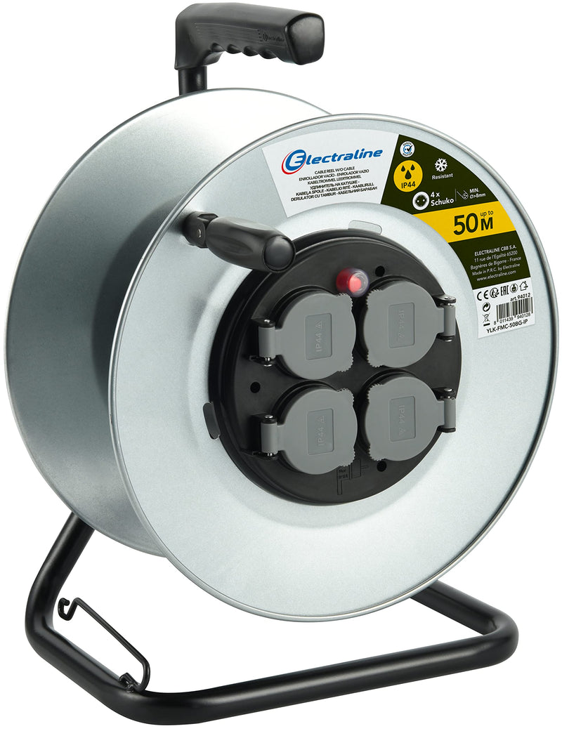 Electraline 94012 Professionelle Metallbaurolle 4 IP44-Buchsen Ohne Kabelführung und ergonomischem Griff, geeignet für Arbeitshandschuhe.