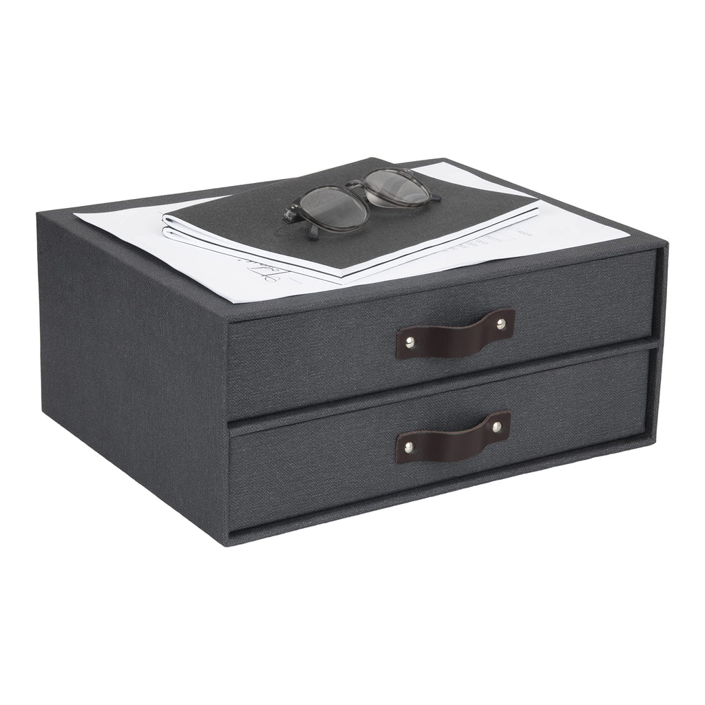 BIGSO BIRGER Schubladenbox – Aufbewahrungsbox mit 2 Schubladen – Schreibtisch Ablage für Dokumente & Bürobedarf – Ablagesystem aus recycelter Faserplatte und Papier – schwarz