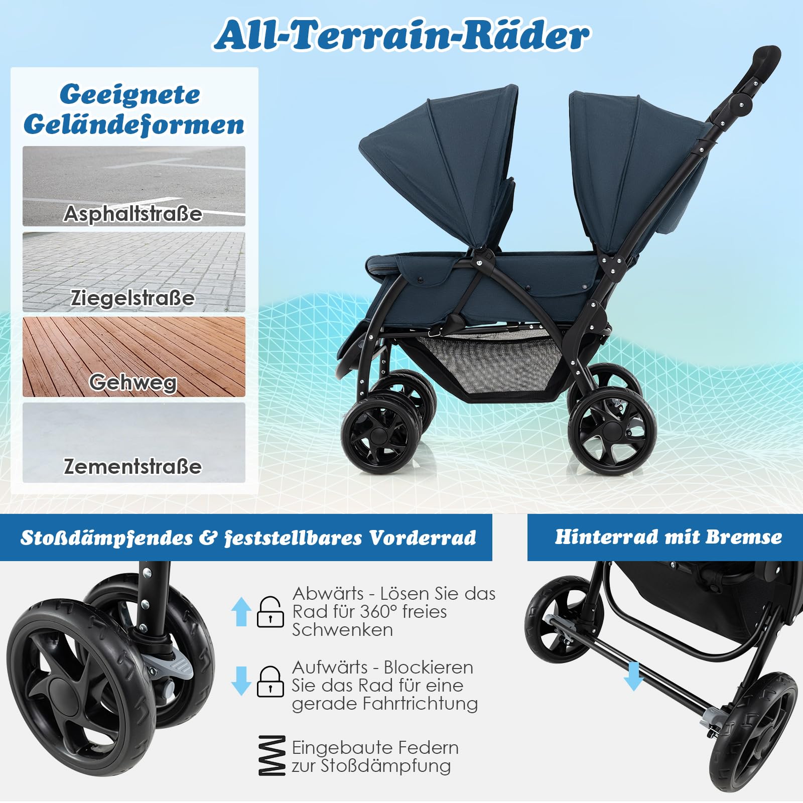 COSTWAY Geschwisterwagen klappbar, Zwillingswagen mit verstellbarer Rückenlehne & Verdeck, Reisebuggy mit Liegefunktion, Zwillingsbuggy Kinderwagen für Baby ab 6 Monate, 30 kg Belastbar (Blau)