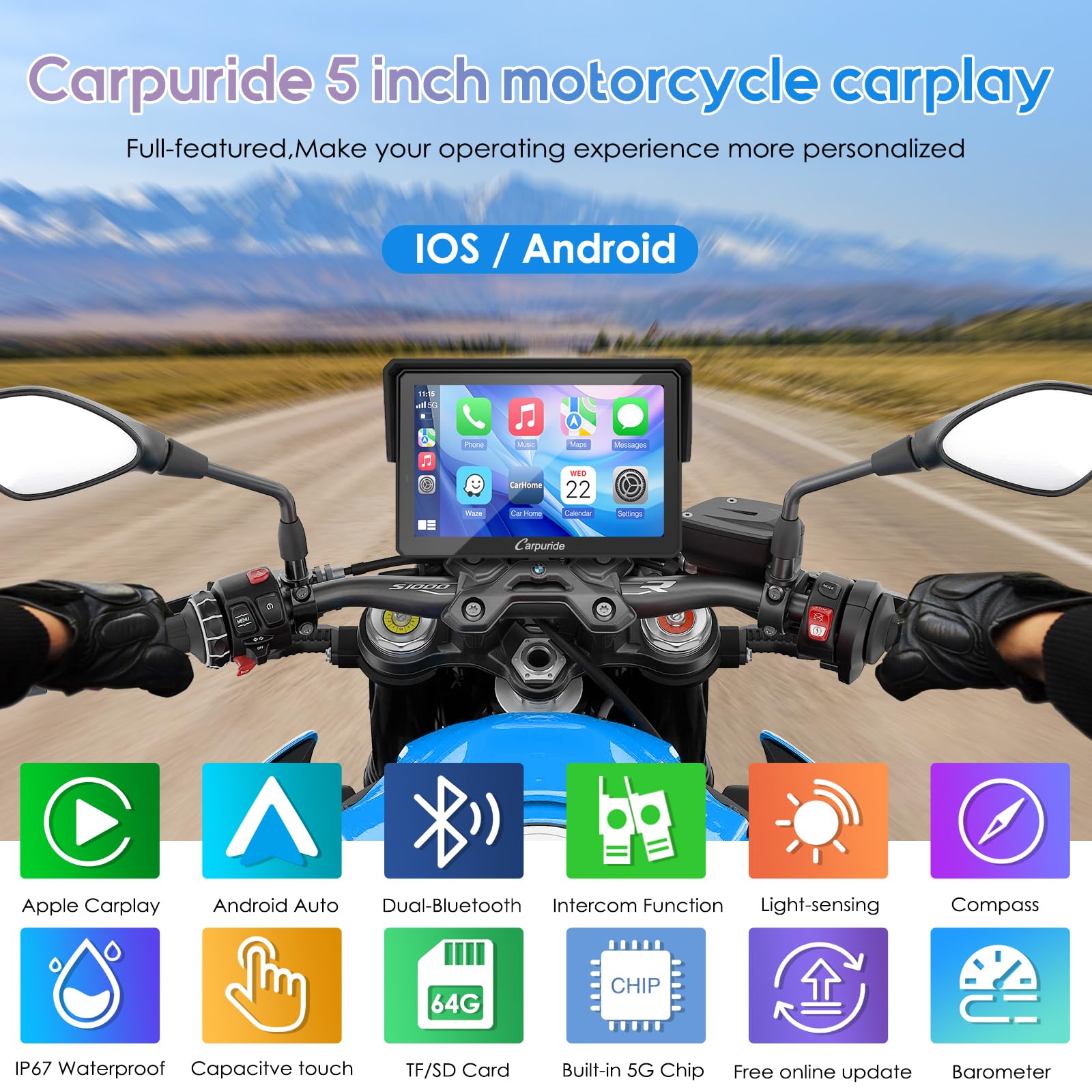 Carpuride W502PRO B für B.-M-.W Motorrad CarPlay & Android Auto & Dual Bluetooth, 5 Zoll wasserdichter Touch Bildschirm für Motorrad, Musik-Sharing, Gegensprechanlage, Lichtsensor, Kompass, Barometer