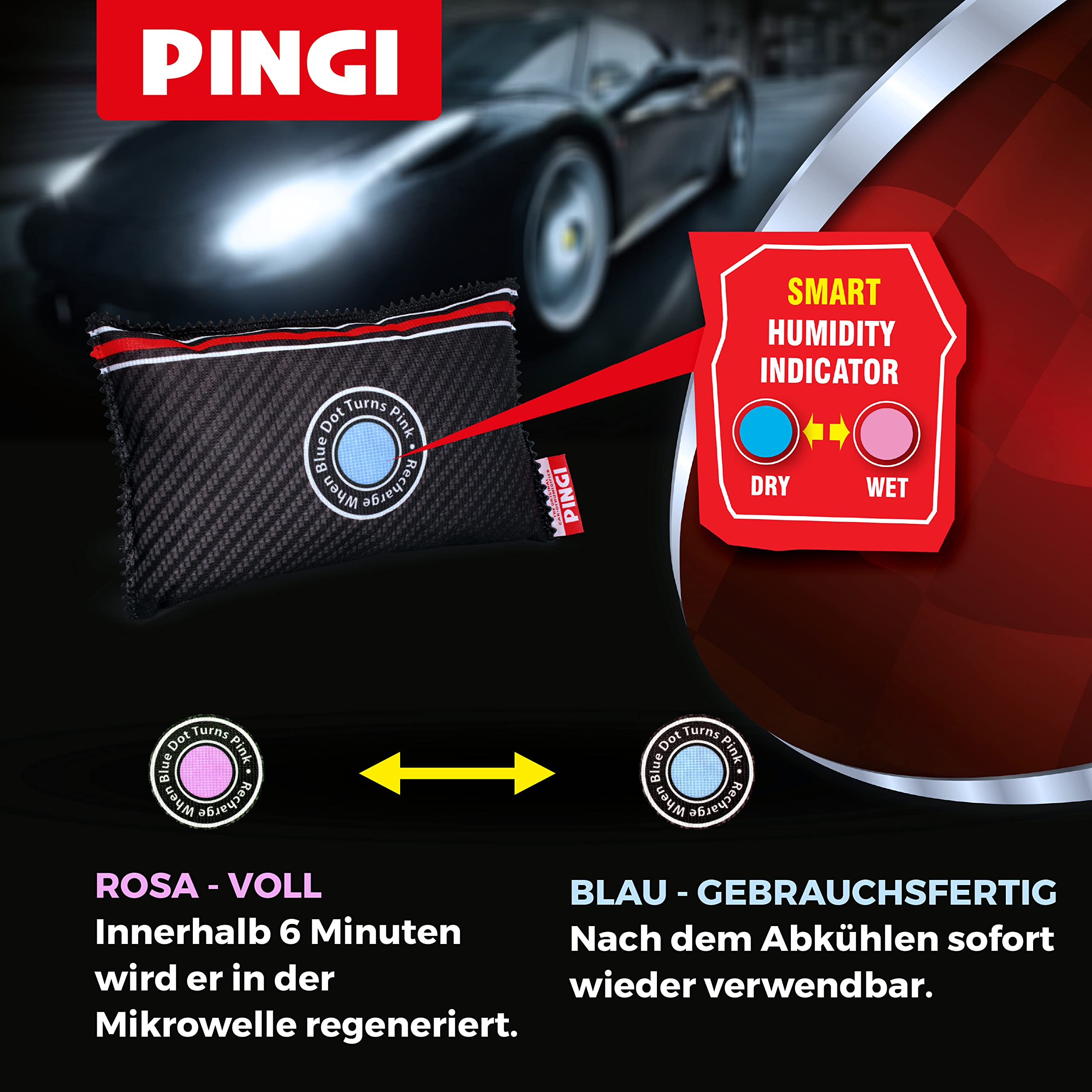 Pingi Wiederverwendbarer Auto Luftentfeuchter Beutel (1 x 300g) - Feuchtigkeit Kondensation Feuchtigkeitsabsorber für Auto & Zuhause, 100% Auslaufsicher & Wiederverwendbar, Mikrowelle