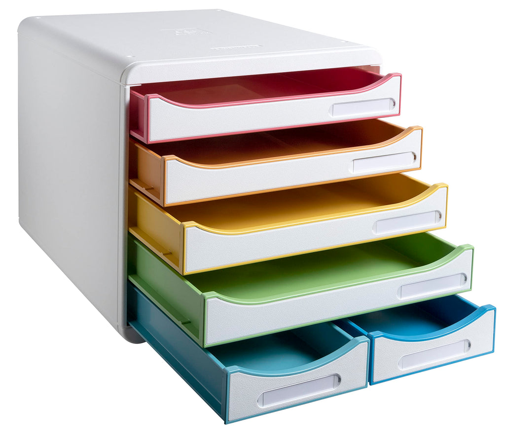 Exacompta 312913D Ablagebox Harlekin aus Recycling-Kunststoff mit 4 Schubladen für DIN A+ und 2 Schubladen für Utensilien. Belastbare Schubladenbox für mehr Platz. Blauer Engel Big Box Maxi weiß|bunt