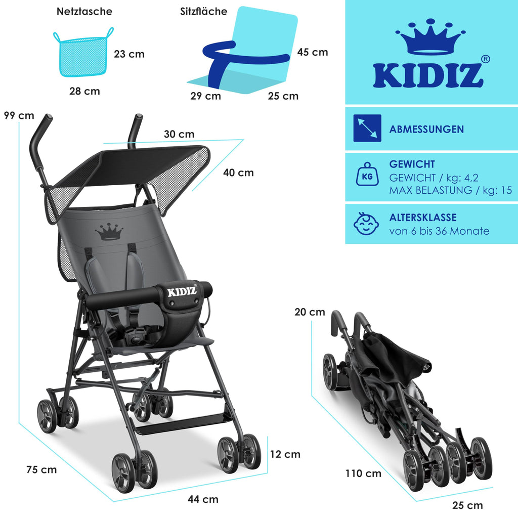 KIDIZ® Kinderwagen CITY Buggy Kinderbuggy klappbar Sportwagen Faltbar 360° 4-Zoll-Räder Inkl. Sonnen- und Regenverdeck zusammenklappbar 5-Punkt-Sicherheitsgurt ab 6 Monate, Anthrazit