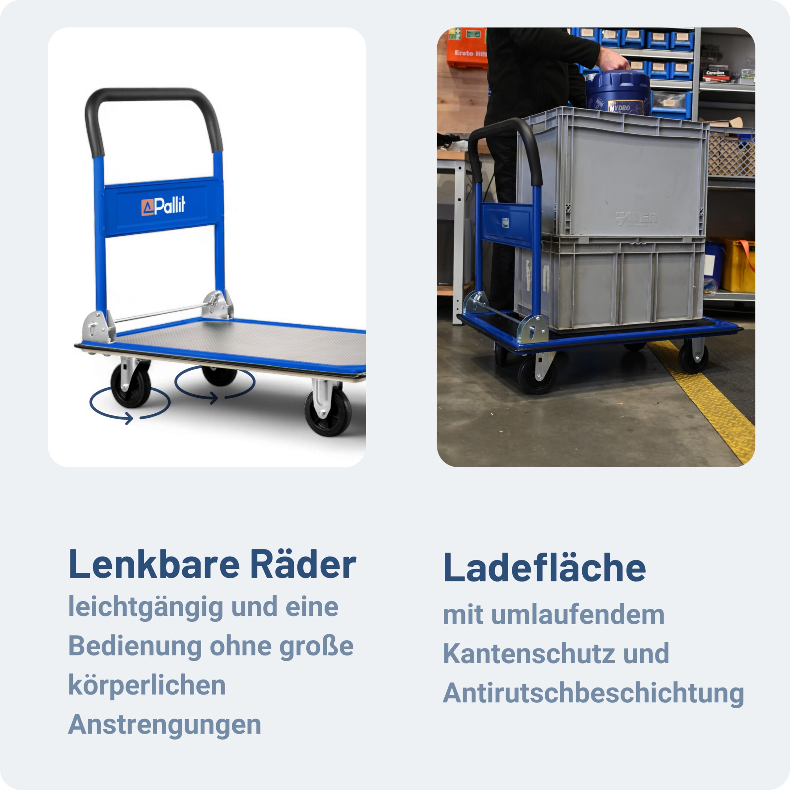 Pallit Transportwagen klappbar Blau 300 kg Rollwagen mit lenkbarer Vollgummi-Bereifung Anti-Rutsch Plattformwagen Transporthilfe Handwagen Carry