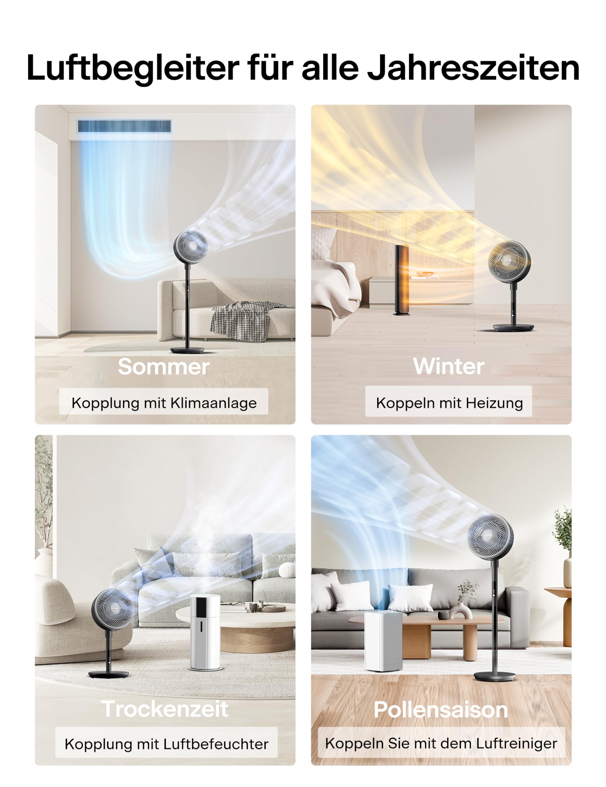 PELONIS Standventilator mit Fernbedienung Touch Display 3D Zirkulation 36.5dB Leise 10m Luftstrom Höhenverstellbar 60/111cm 4 Stufen mit Timer, Abnehmbarer Schutzgitter Rotationslüfter