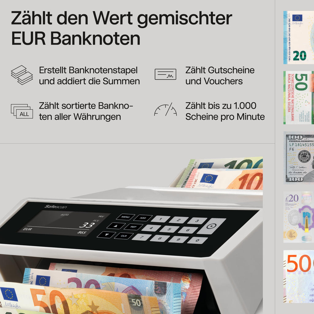 Safescan 2465-S Geldzählmaschine, Wertzählung für gemischte EUR-Banknoten - Banknotenzähler mit 7-facher Echtheitsprüfung - zählt sortierte Banknoten aller Währungen