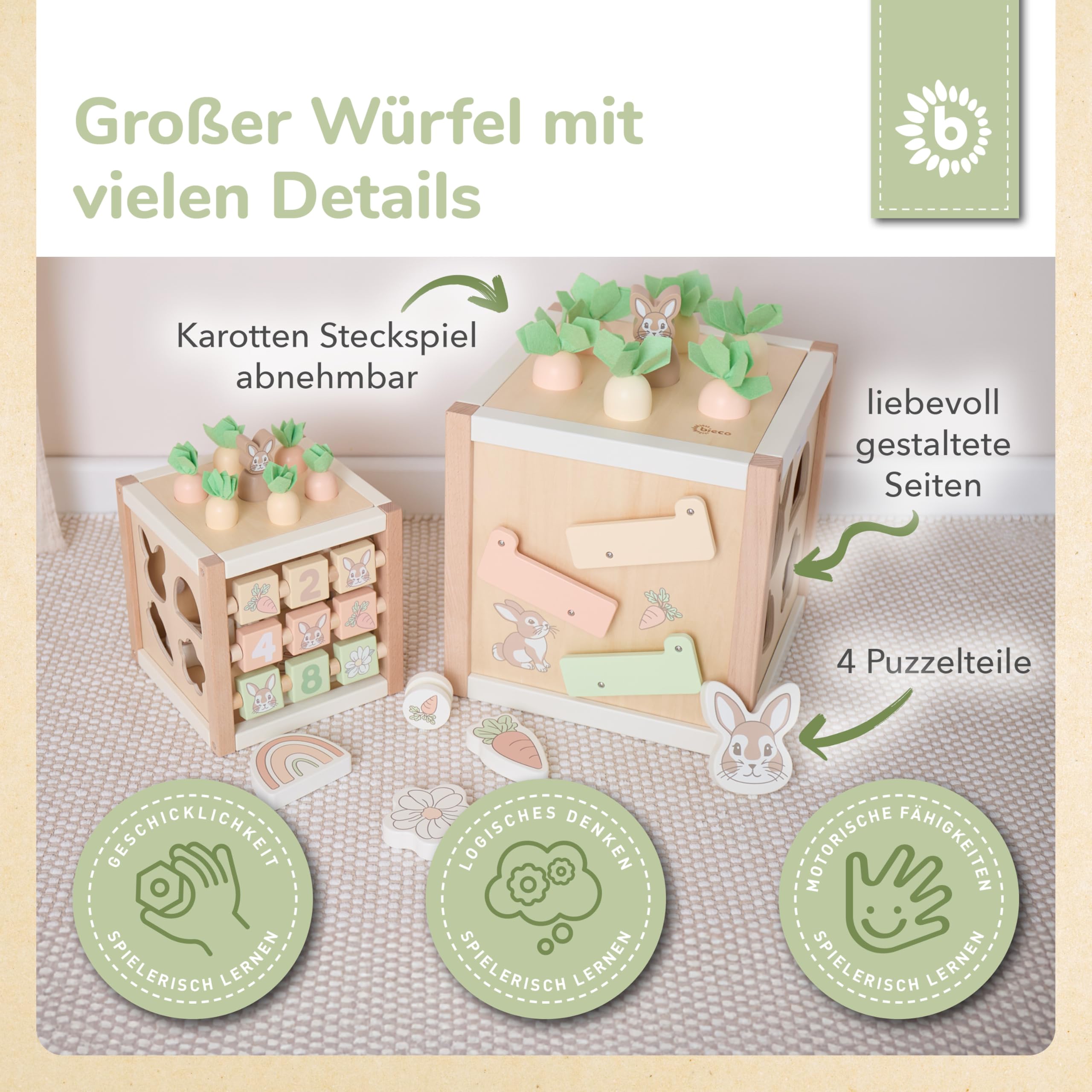 Bieco Motorikwürfel Hase Fine XXL nachhaltiges Holz FSC® | Spielwürfel Baby | Motorikwürfel ab 1 Jahr Activity Würfel Activity Center Montessori