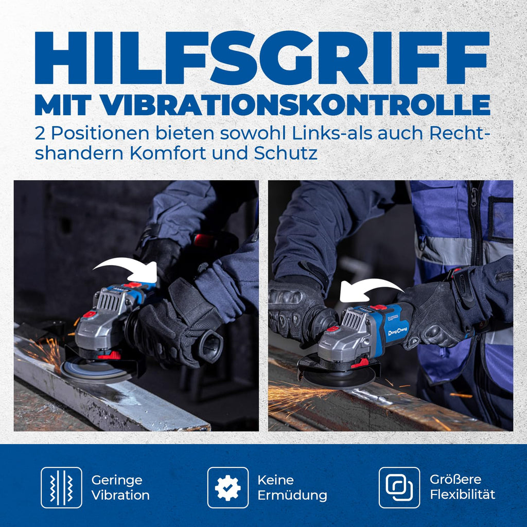 DongCheng Akku-Winkelschleifer 18V, Ø 125mm, 1000W, bürstenloser Motor, 3 Drehzahlstufen, Schnellspannschutz, Anti-Vibrationsgriff, inkl. 2 Schleif-, 2 Fächer-, 2 Trennscheiben, 4.0Ah Akku & Ladegerät