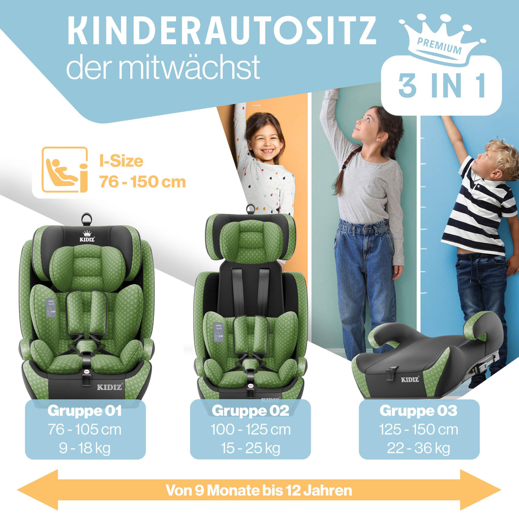 KIDIZ® Autokindersitz Triangle Premium Kindersitz mit Isofix Kinderautositz | Autositz Sitzschale | 9 kg - 36 kg 1-12 Jahre | Gruppe 1/2/3 | universal | zugelassen nach ECE R129/03