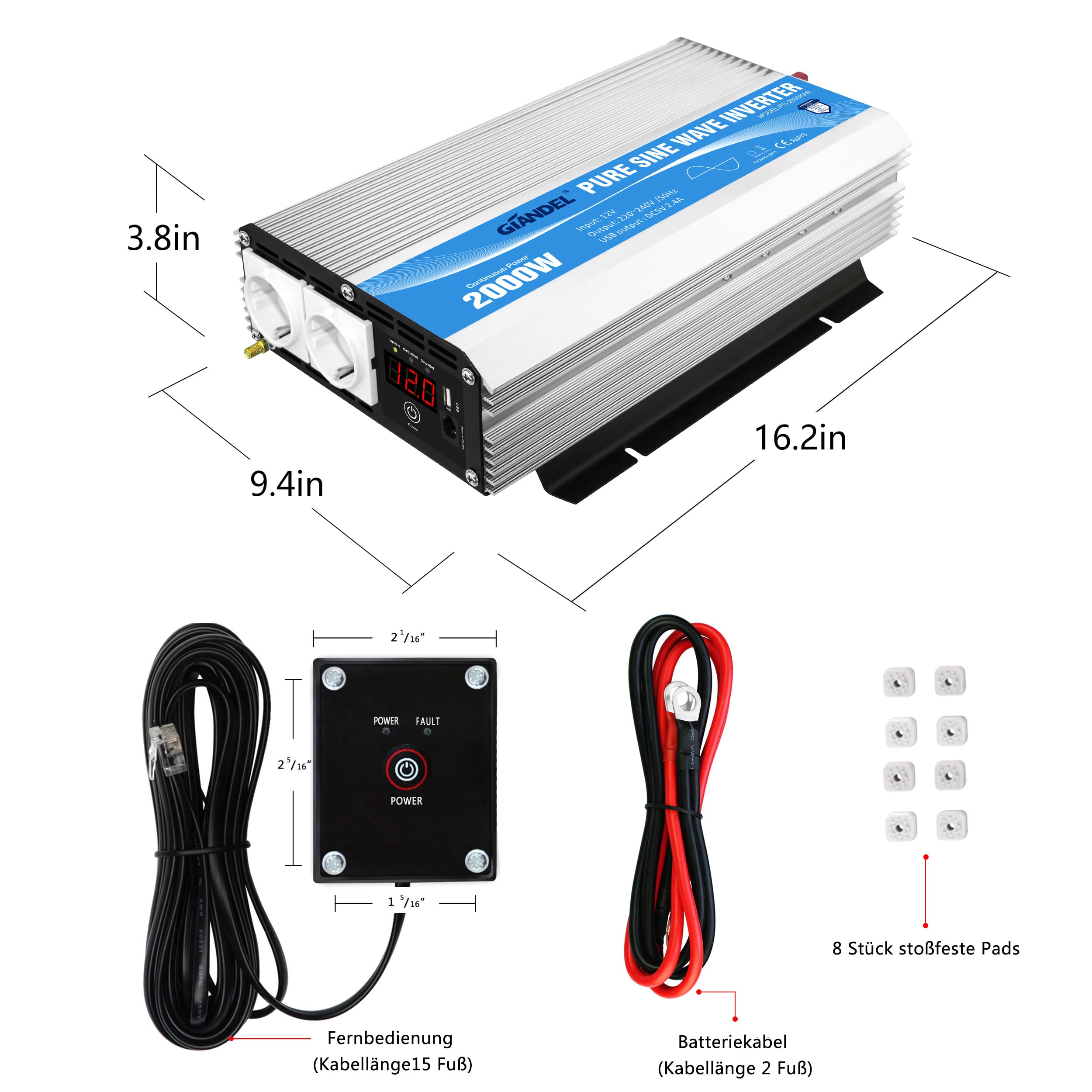 GIANDEL 2000W Wechselrichter 12V auf 230V Reiner Sinus Spannungswandler Kompatibel Lithium-Batterie, Für Wohnmobil, LKW, Zuhause, Off-Grid Solarstrom Umwandler-Inverter mit LED-Anzeige