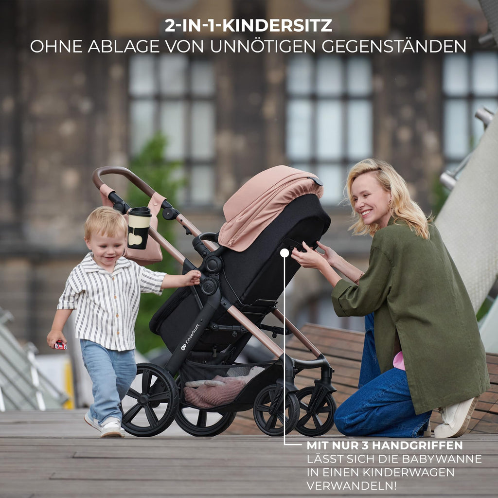 Kinderkraft MOOV2 AIR Kinderwagen 3 in 1 Kinderwagenset bis 22 kg mit Kindersitz I-SIZE 40-75 cm, Buggy Funktion, Liegeposition verstellbar, Große ausziehbare Verdeck, Aufblasbare Räder, Schwarz