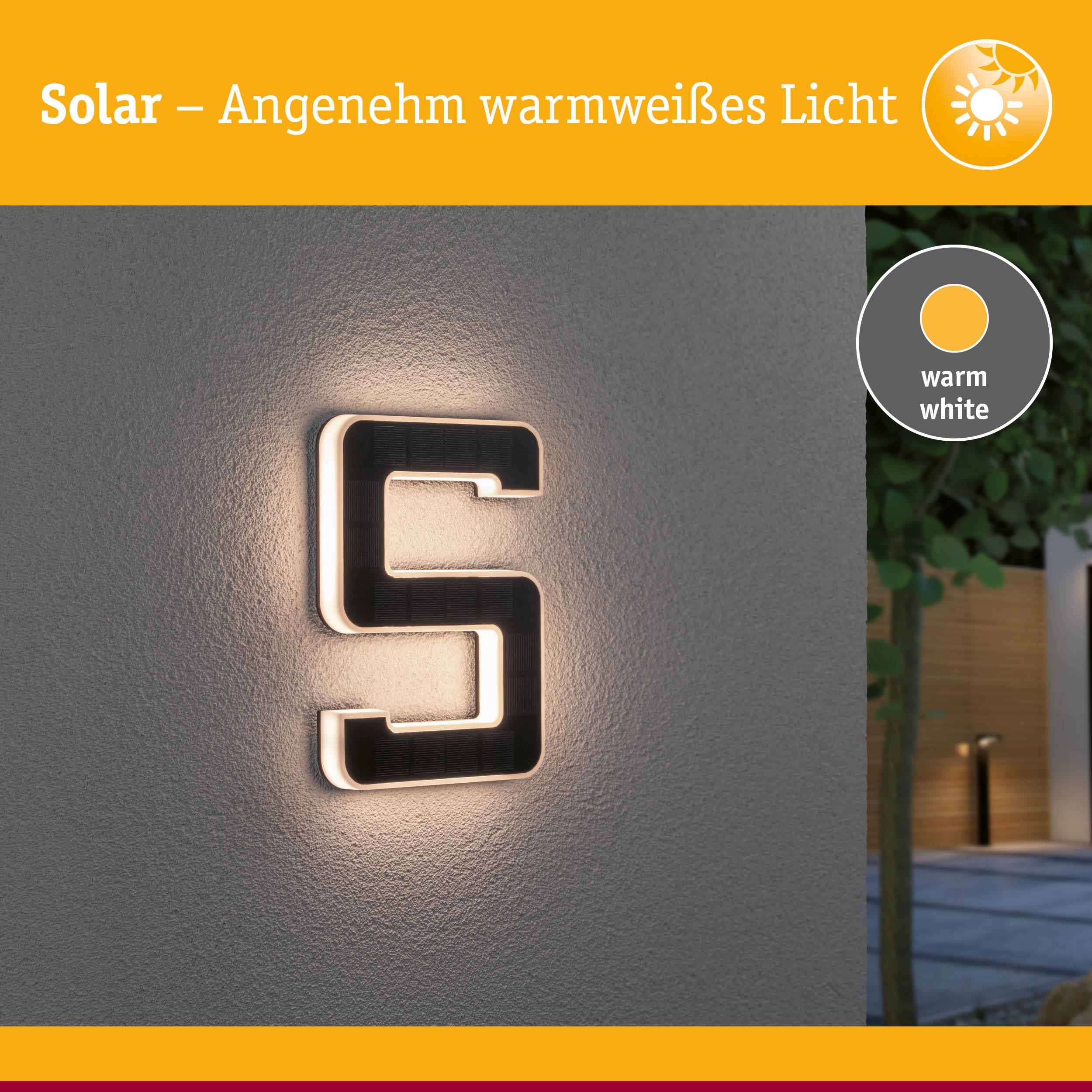 Paulmann 79846 LED Solar Hausnummer 5 IP44 Warmweiß Akku wechselbar incl. 1x0,2 Watt Solarleuchte Schwarz Solarlampe Kunststoff Solarlicht 3000 K