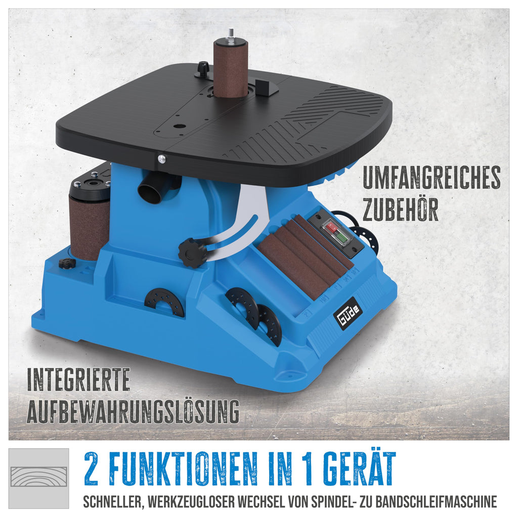 Güde Spindel-Bandschleifmaschine GSBSM 500 (230 V, 500 W, 2000 min-1 Spindeldrehzahl, 8 m/s Bandgeschw., oszillierend, 2 in 1 Gerät, werkzeuglose Umrüstung, Tisch 0-45° einstellbar, inkl. Zubehör)