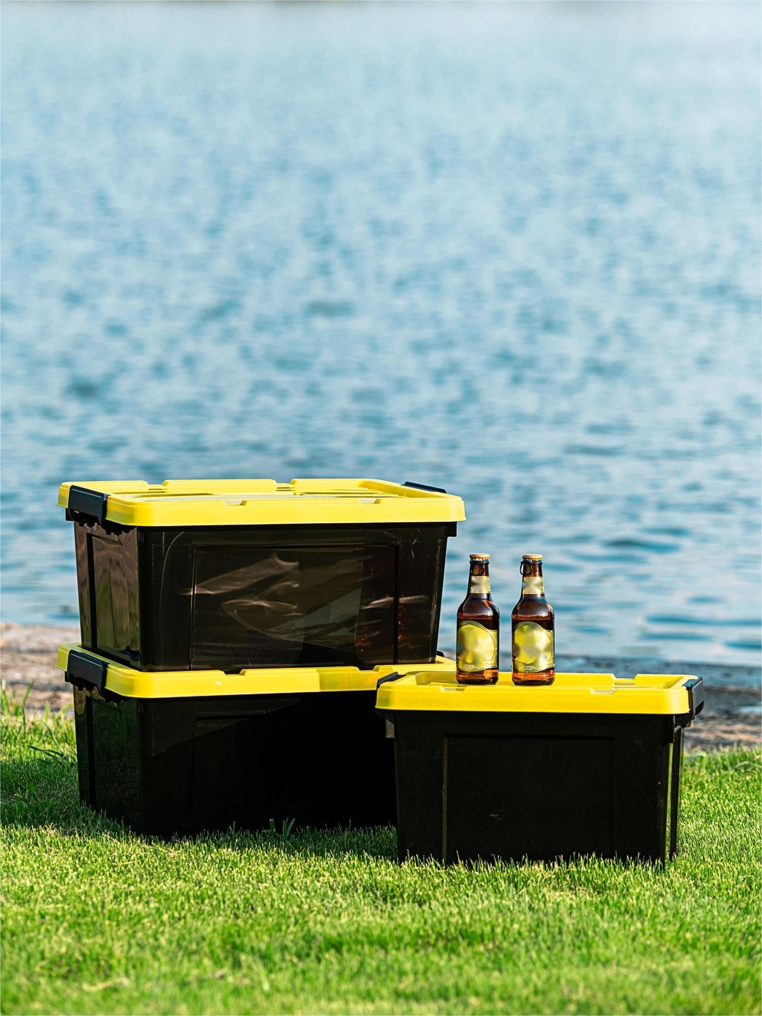 Cetomo 35L*4 Aufbewahrungsboxen, Kunststoffboxen mit Deckeln, Griffen und Schnappverschlüssen für Werkzeuge, Garage, Langlebig, Stapelbar, Ineinander Schachtelbar, Schwarz und Gelb, 35L (4er Pack)
