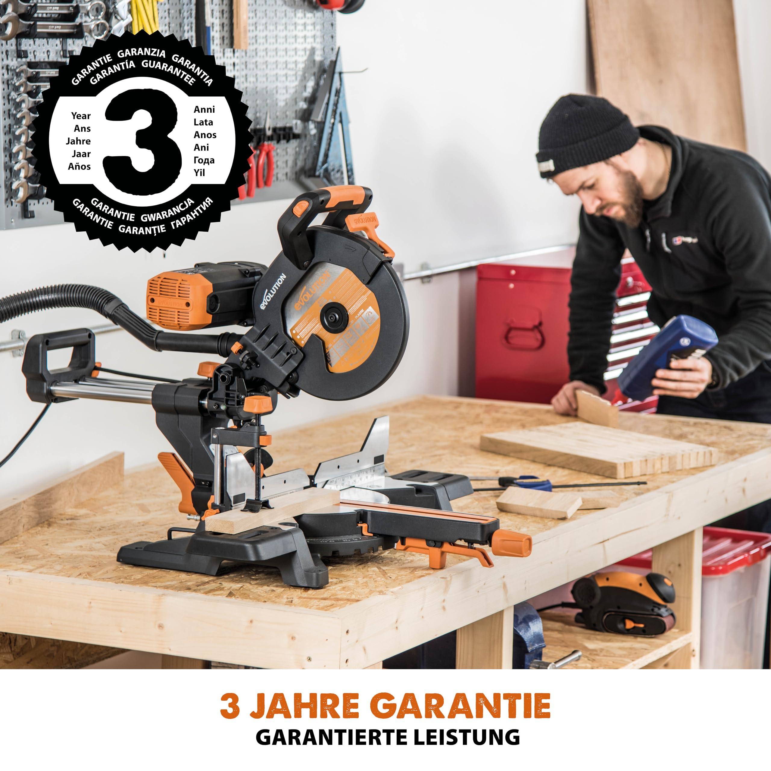 Evolution Doppelgehrungssäge Schiebe-Kapp- und Gehrungssäge R255SMS-DB+ | 2000 W, 300 mm Gleitfunktionalität, Schrägschnitt, Gehrungswinkeln | Ø 255 mm HM / TCT Sägeblatt für Multimaterialschnitt
