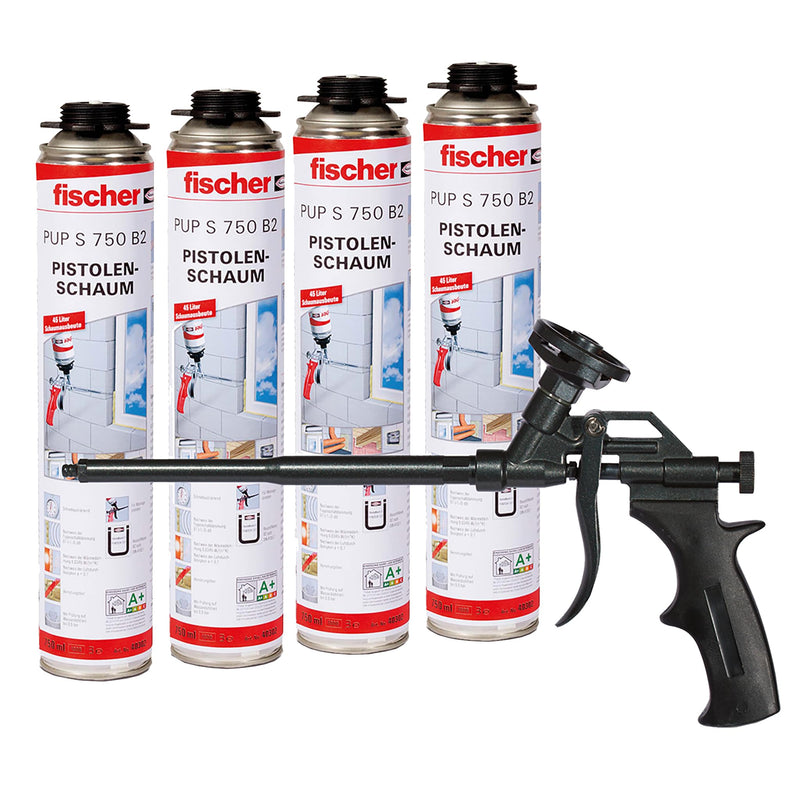 fischer Aktionspaket Pistolenschaum PUP S 750 mit Schaumpistole PUP M4 BLACK, 4 Montageschäume zum Verfüllen, Dämmen & Isolieren und 1 Schaumpistole zum Verarbeiten von PU-Schäumen im Set