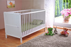 Marsell Baby Gitterbett Babybett und Kinderbett mit Aloe Vera Schaumstoffmatratze Zahnschienen und höhenverstellbar Weiß, umbaubar zum Juniorbett
