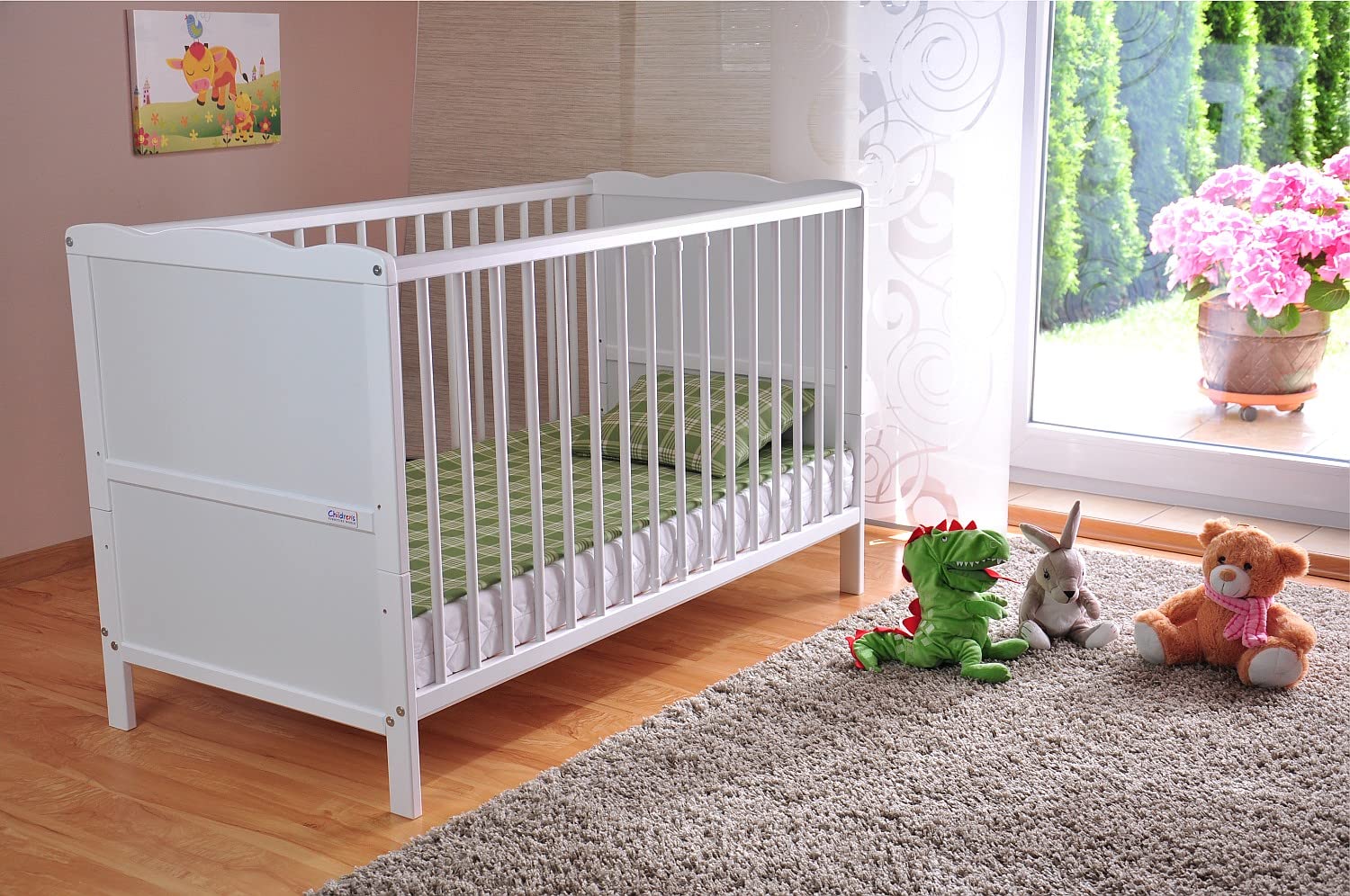 Marsell Baby Gitterbett Babybett und Kinderbett mit Aloe Vera Schaumstoffmatratze Zahnschienen und höhenverstellbar Weiß, umbaubar zum Juniorbett