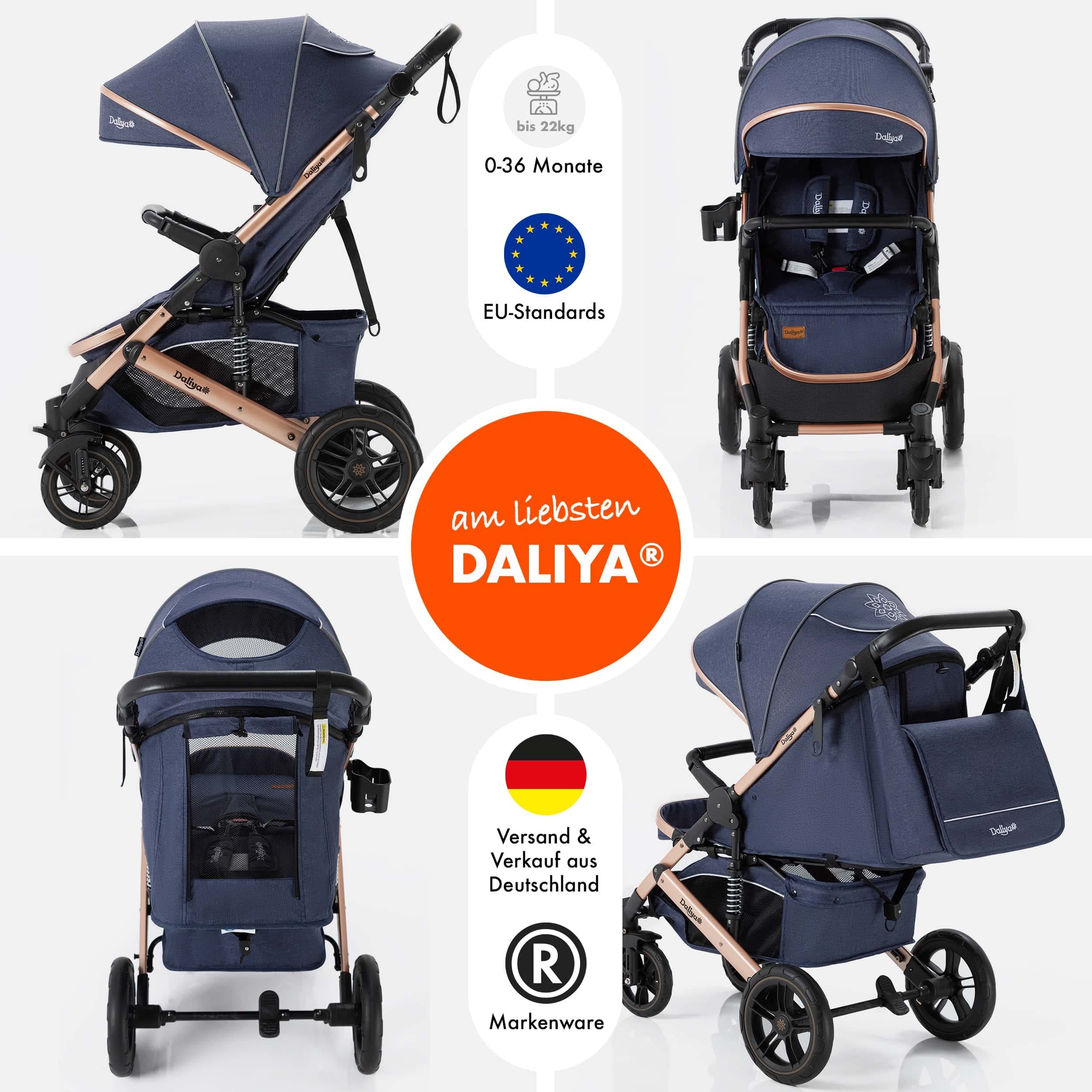 Daliya® Rapidy Buggy Kinderwagen 0-36 Monate Sportwagen mit Liegeposition Wickeltasche, Winterfußsack, Ess- & Spieltisch und mehr (Blau - Gold)