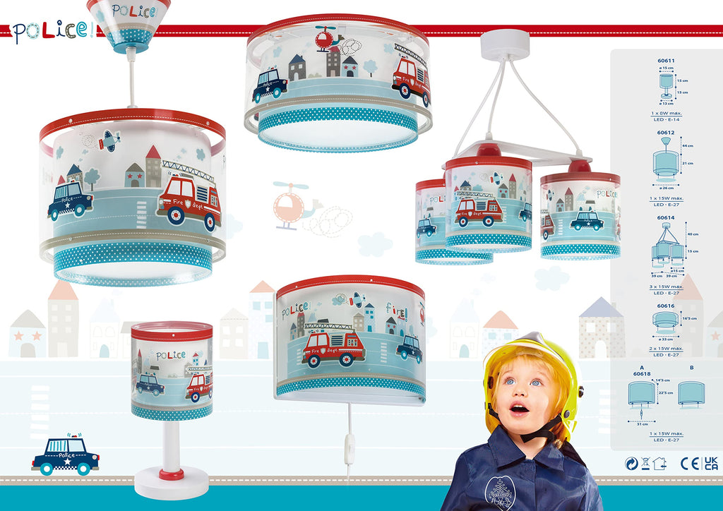 Dalber Kinder Tischlampe Nachttischlampe kinderzimmer Polizei Feuerwehrmänner Autos Police, 60611, E14, Blau