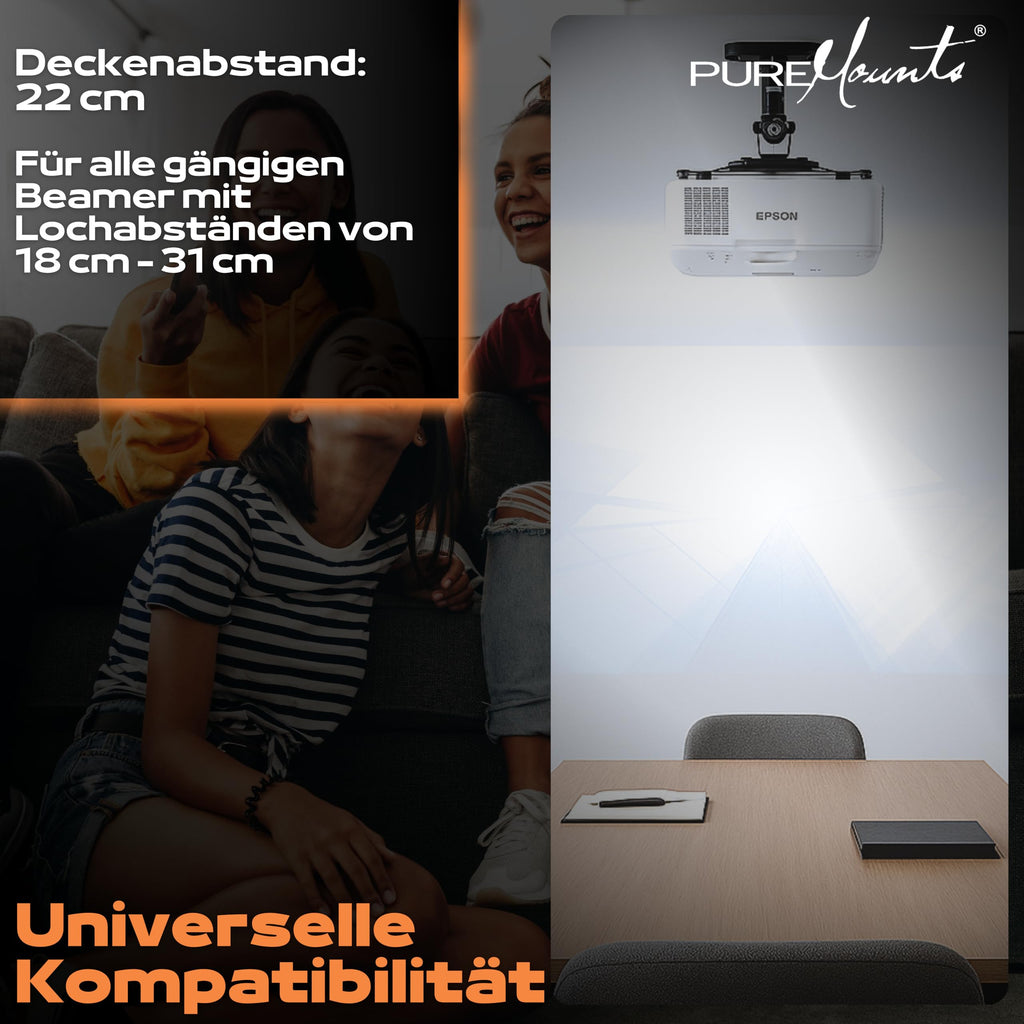 PureMounts Beamer Deckenhalterung Spider-Plus-B - 25 grad neigbar und 360 grad drehbar, 220mm Deckenabstand,(15kg), Lochabstand 180-310mm, schwarz