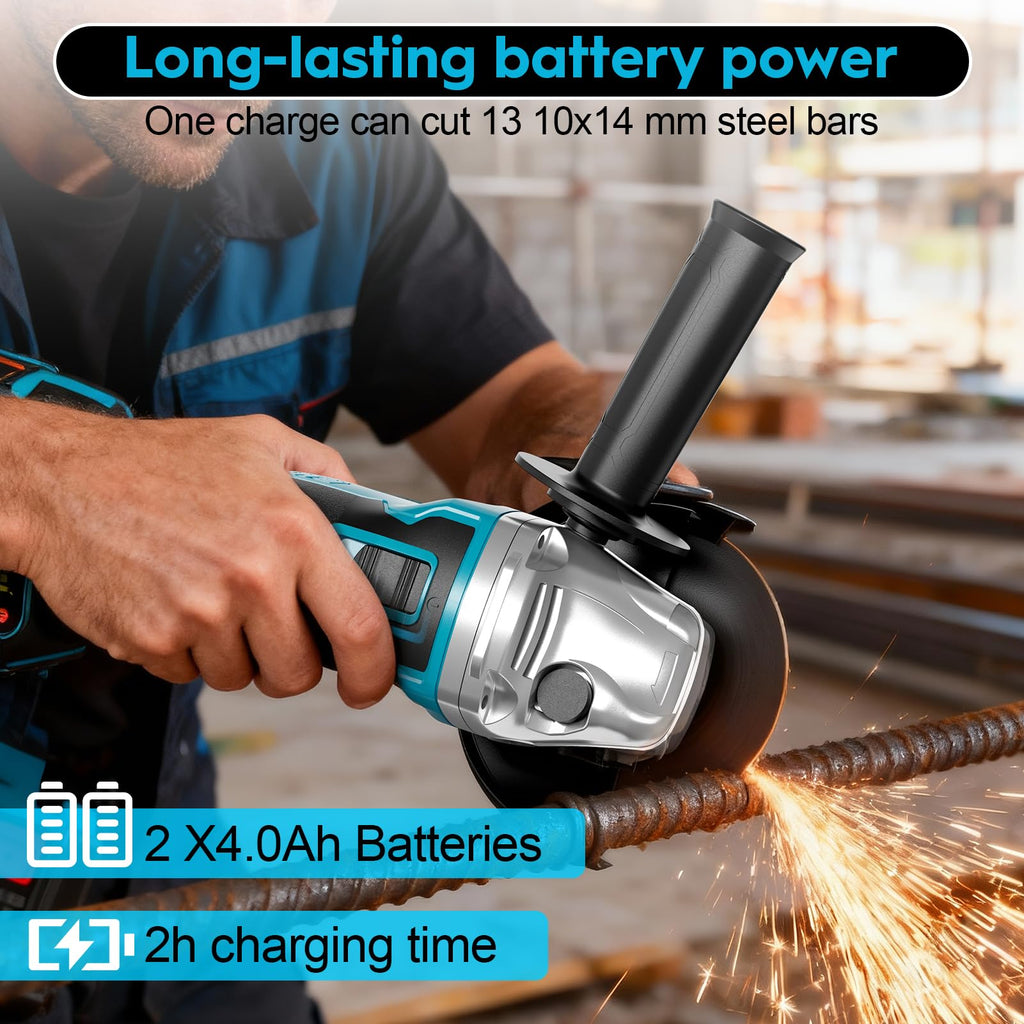 Akku Winkelschleifer 125mm, Flex Akku Winkelschleifer Set mit 2x 4.0Ah Akku, 1200W Bürstenloser Motor 4-stufige Regelung 10.500RPM, 10 Stk Schneidscheiben für Trennen, Schleifen & Bürsten