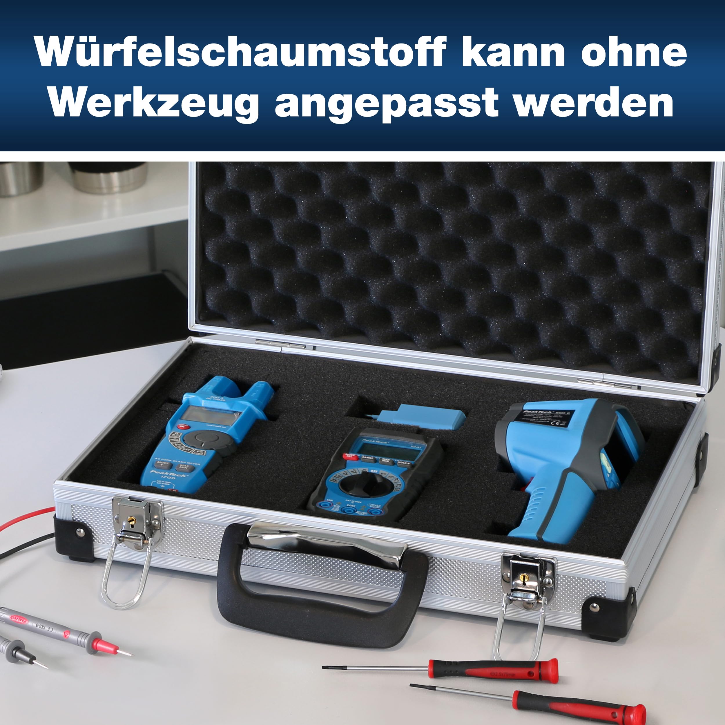 PeakTech Alukoffer P 7260 – abschließbarer Universal-Transportkoffer mit Würfelschaumstoff – tragbarer Fotokoffer – robuster Alu Koffer mit Schutz vor Regen und Staub – groß (370 x 230 x 80mm)