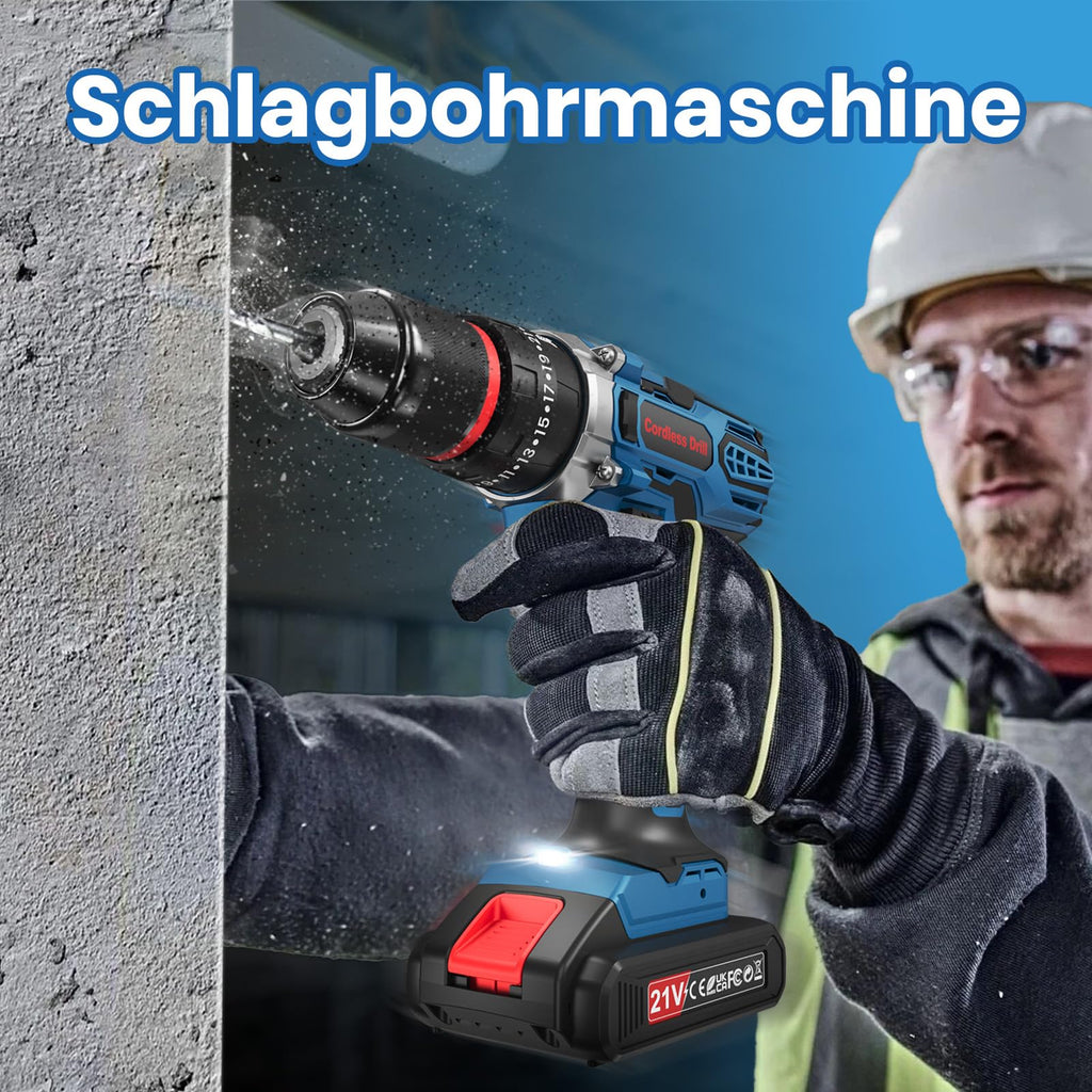 Akkuschrauber, 21V Akku Schlagbohrschrauber mit 2 Akkus 2.0Ah, 45Nm Akku Bohrmaschine, 2 Gang, 25+3 Drehmomentstufen, 10mm Metall Bohrfutter, Akkubohrer mit 27tlg Zubehör Drill Bit & Koffer