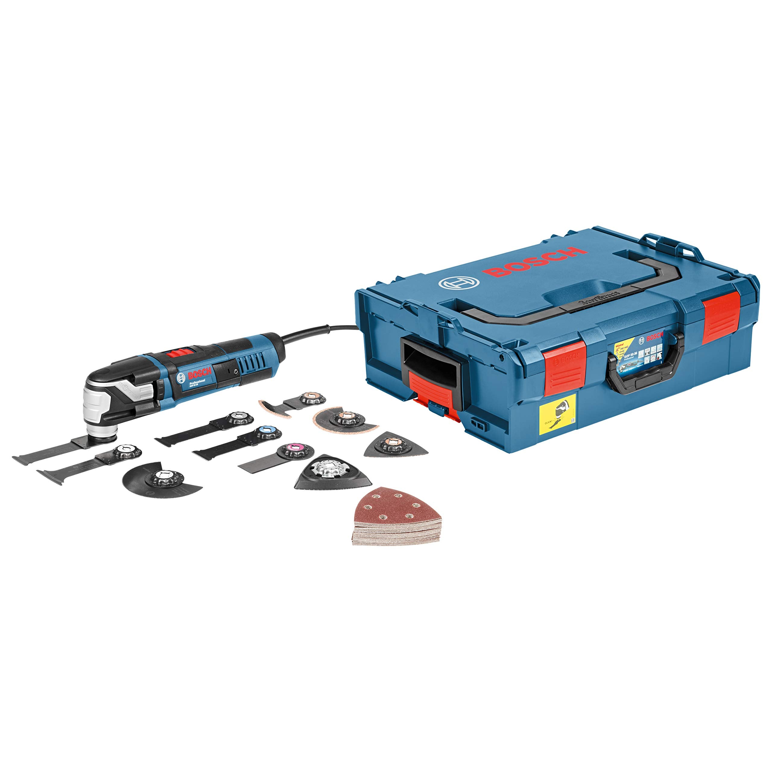 Bosch Professional Multi-Cutter GOP 55-36 (Starlock-Werkzeugaufnahme, Leistung 550 Watt, inkl. 9x Tauchsägeblatt, 25x Schleifpapiere, 2x Segmentsägeblatt, 1x Schleifplatte, L-BOXX)