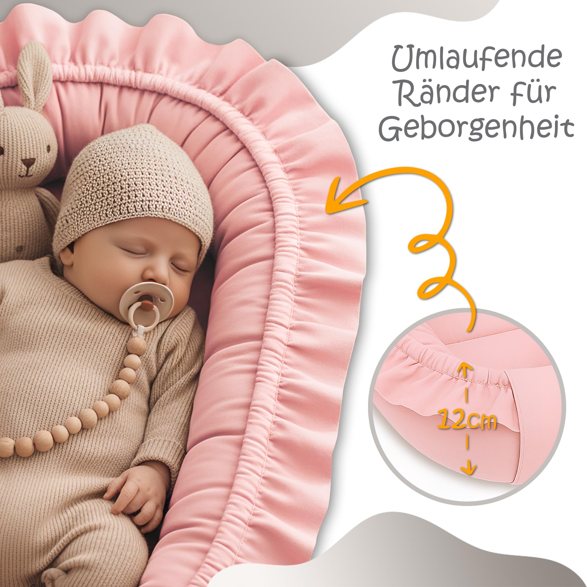 Babynest babynestchen neugeborene mit tragegriff 90 x 50 cm baby nestchen tragbar nest für bett kinder kuschelnest coccon für Jungen und Mädchen Schmutziges Rosa