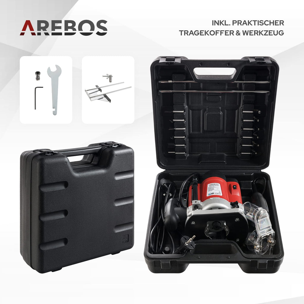 Arebos Oberfräse mit Koffer (1200 W, Ø 6 und 8 mm, Drehzahlregelung, Parallelanschlag, Reduzierstück, Kopierhülse, Absaugadapter, inkl. Zubehör) inkl. Fräser Set 12-teilig