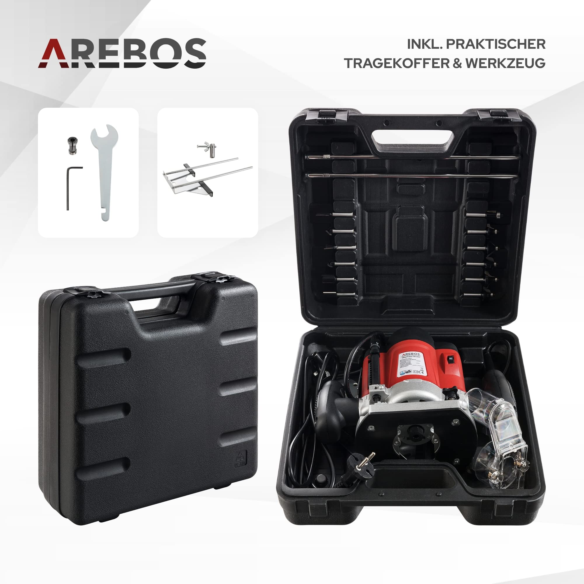 Arebos Oberfräse mit Koffer (1200 W, Ø 6 und 8 mm, Drehzahlregelung, Parallelanschlag, Reduzierstück, Kopierhülse, Absaugadapter, inkl. Zubehör) inkl. Fräser Set 12-teilig