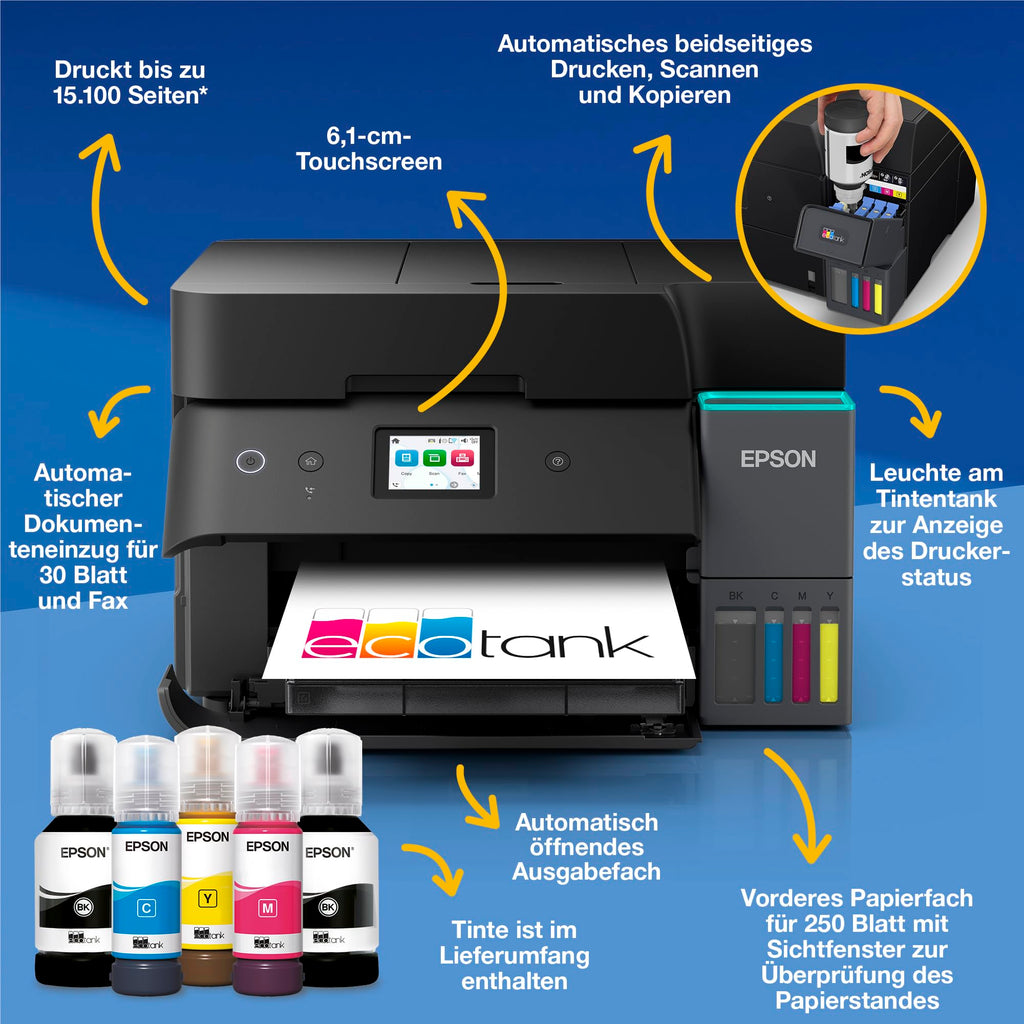 Epson EcoTank ET-4950 A4-Multifunktionsdrucker mit Wi-Fi & AirPrint Tintentank, automatischem Dokumenteneinzug, Duplexdruck, Scannen, Kopieren & Fax, bis zu 3 Jahre Tinte im Lieferumfang enthalten