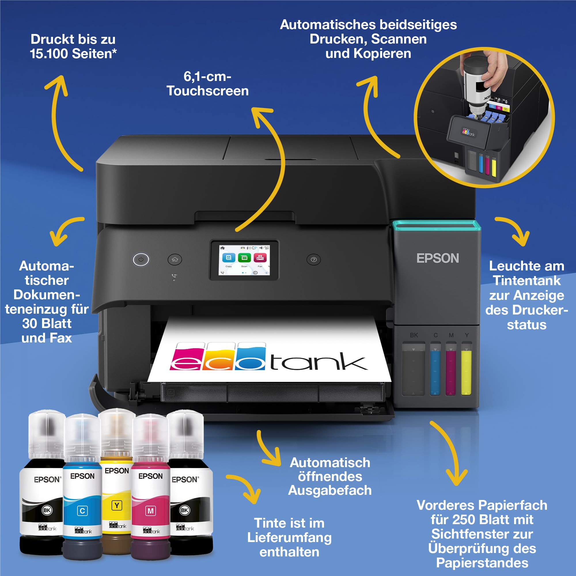 Epson EcoTank ET-4950 A4-Multifunktionsdrucker mit Wi-Fi & AirPrint Tintentank, automatischem Dokumenteneinzug, Duplexdruck, Scannen, Kopieren & Fax, bis zu 3 Jahre Tinte im Lieferumfang enthalten