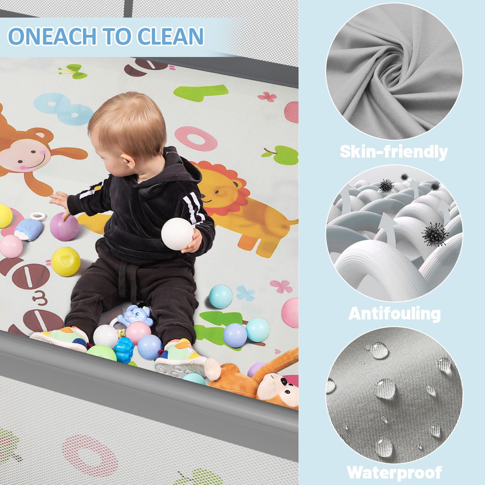 Palopalo Laufstall Baby 127x127cm, Laufgitter für Babys und Kleinkinder, Laufgitter Baby mit Reißverschlusstür und Atmungsaktivem Netz, Laufstall 300D Oxford Geweb, Dunkelgrau