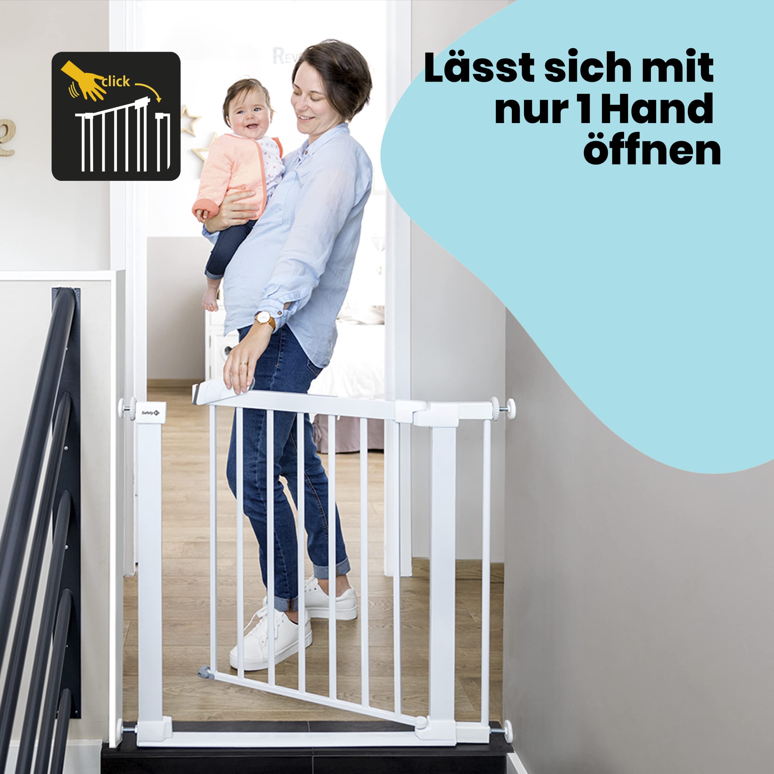 Safety 1st Flat Step Gate, Treppenschutzgitter ohne Bohren, 73–80 cm (max. 101 cm erweiterbar), Sehr Flache Türkante, Türschutzgitter "Bleibt Offen", Mit Einer Hand Öffnen, Montage ohne Bohren, Weiß