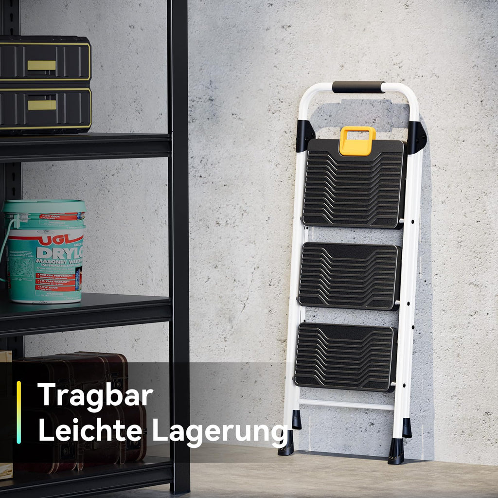 KINGRACK Trittleiter 3 Stufen klappbar 360KG belastbarer mit Sicherheitsverriegelung, rutschfestem Breitpedal und Armlehne Leichte Haushaltsleiter für Haus, Küche, Schrank und Bürogebrauch, weiß
