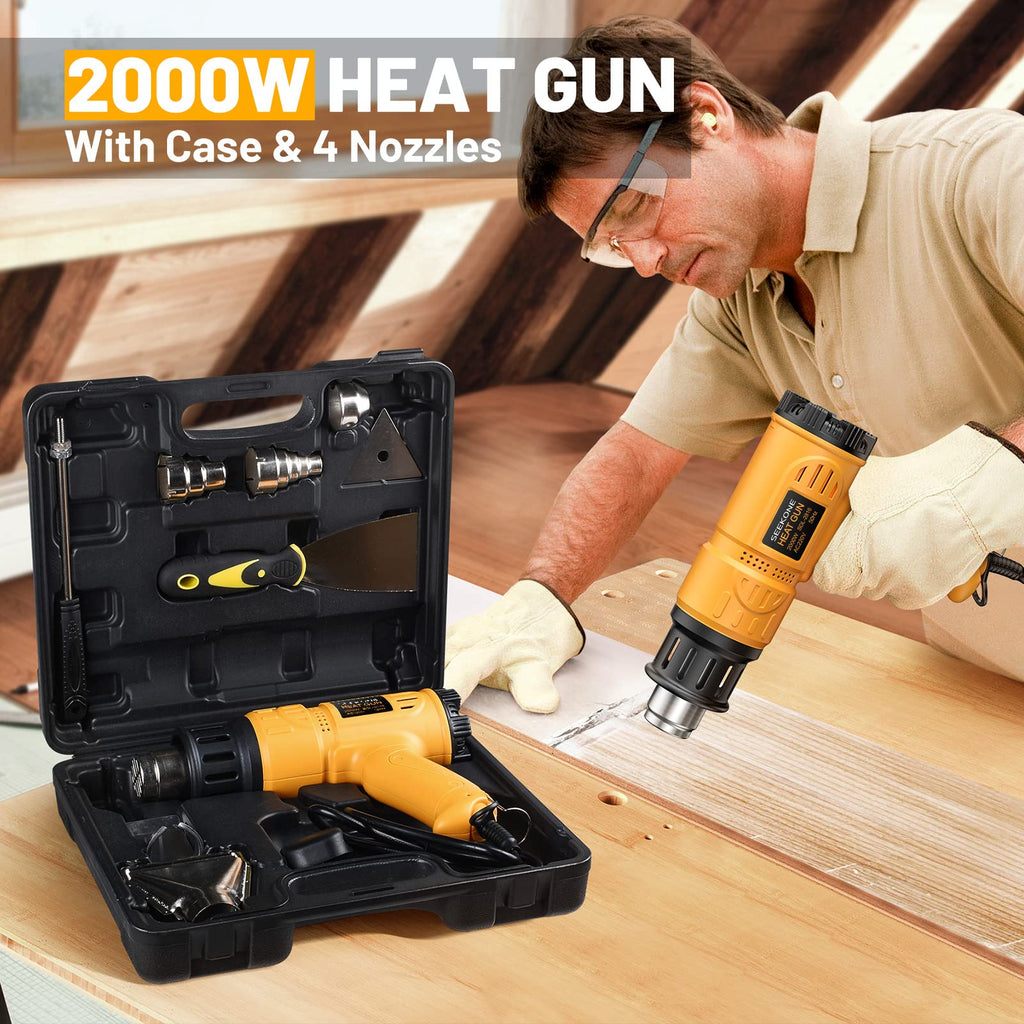 SEEKONE Heißluftpistole Kit mit Werkzeugkoffer, Heißluftgebläse mit Überlastschutz (2000W, 5 Düsen, 2 Schaber, Variable Temperaturbereich 50-600°C|190-500L/min) zum Schrumpfen, Entlacken
