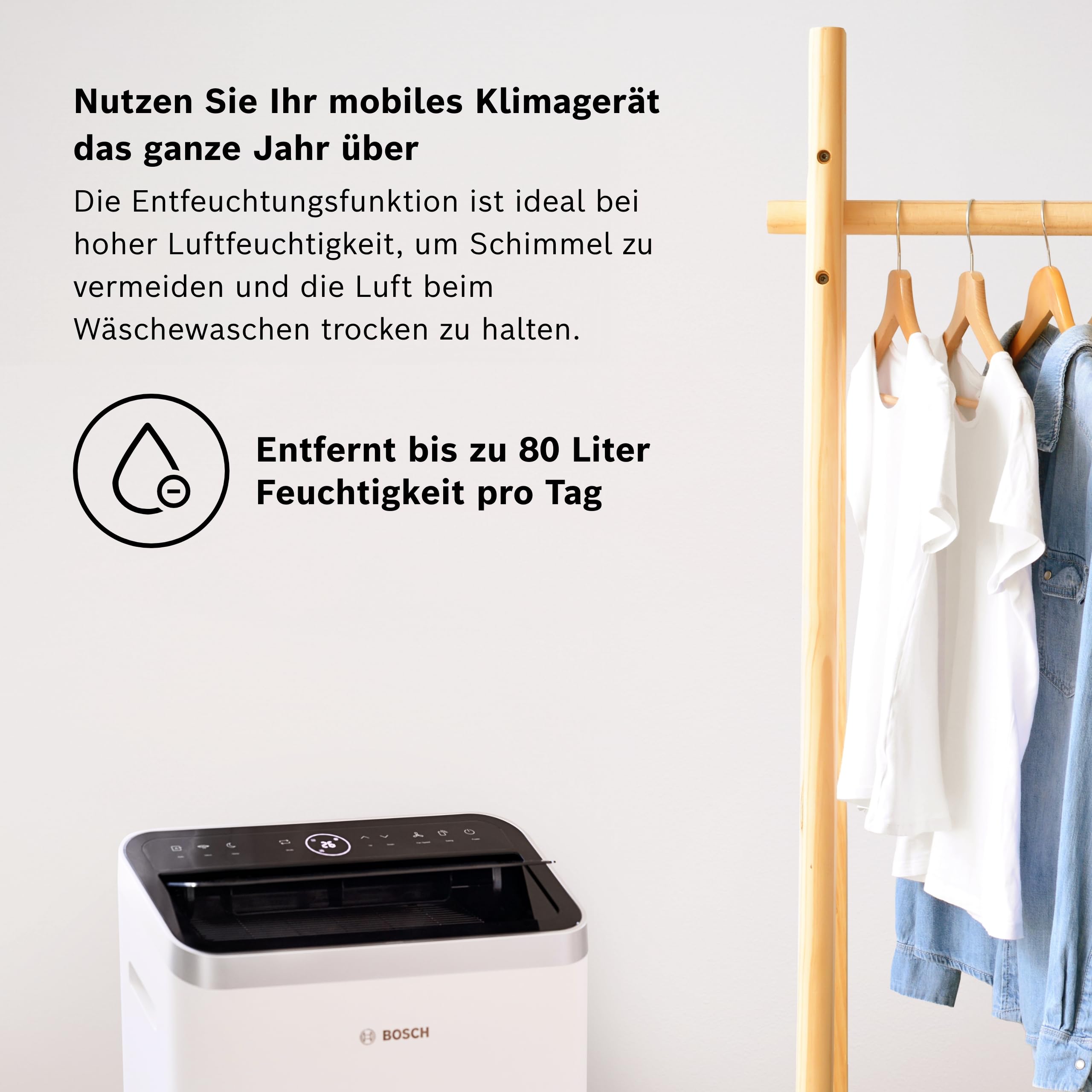Bosch Cool 5000 Mobiles Klimagerät - 3-in-1 Klimaanlage, Luftentfeuchter, Ventilator - 3,4 kW für Räume bis zu 46 m² - Mit Auto-Modus, Silent-Modus Sleep-Modus