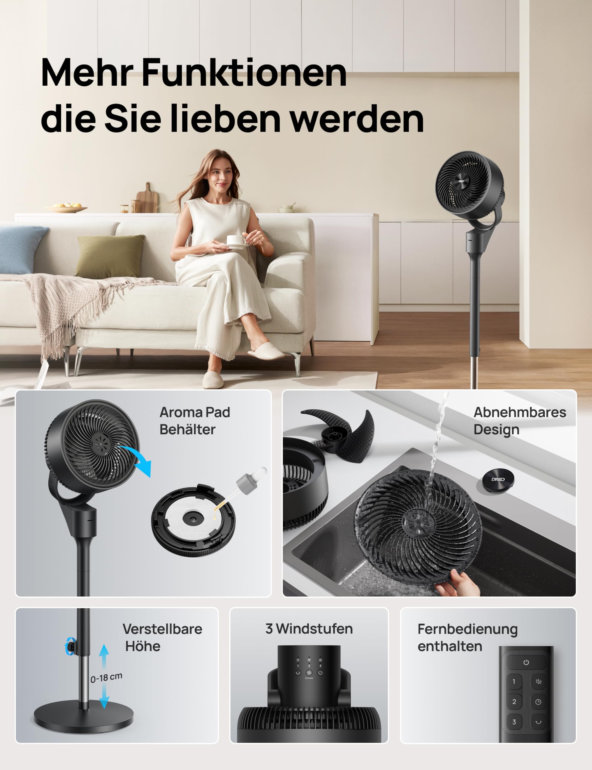 Dreo Leiser Standventilator, 1444m³/h Luftvolumen oszillierende Ventilator, 3 Stufen 6H Timer Turmventilator mit Fernbedienung, Luftzirkulation in 3 Min für Schlafzimmer, Duftfunktion für frische Luft