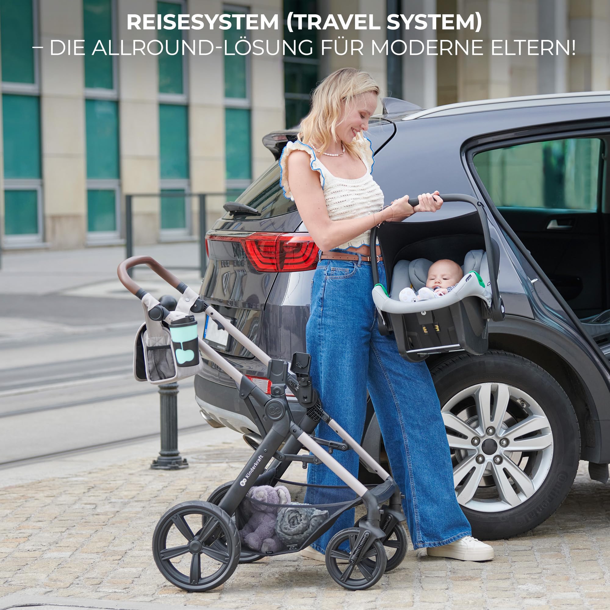 Kinderkraft MOOV2 AIR Kinderwagen 3 in 1 Kinderwagenset bis 22 kg mit Kindersitz I-SIZE 40-75 cm, Buggy Funktion, Liegeposition verstellbar, Große ausziehbare Verdeck, Aufblasbare Räder, Schwarz