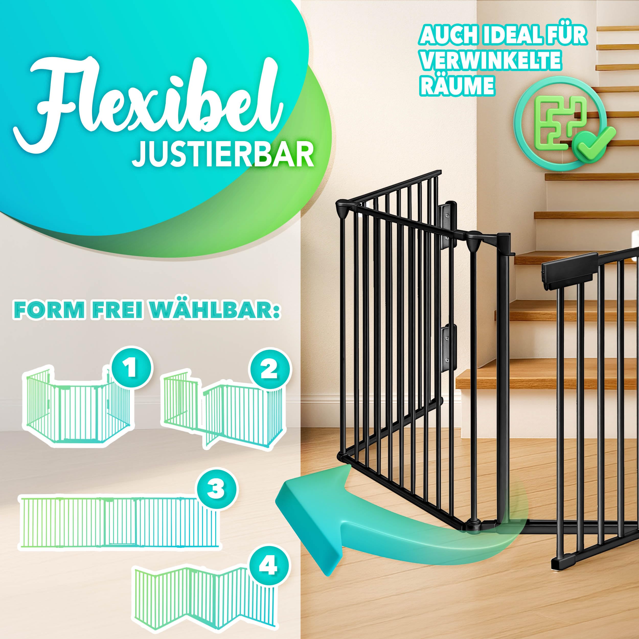 KIDUKU® Kaminschutzgitter mit Tür Metall 480 cm | Absperrgitter Ofenschutzgitter faltbar | Konfigurationsgitter inkl. 8 Elementen (Schwarz)