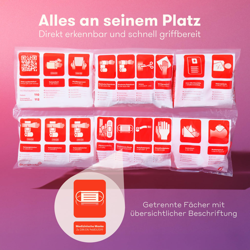 PURAHELP® KFZ Kombitasche inkl. Beatmungstuch [DIN 13164] - Verbandskasten Auto mit Warndreieck & Warnweste - PKW Verbandskasten StVO Konform für 2026 - Erste Hilfe Set Auto - First Aid Kit Car