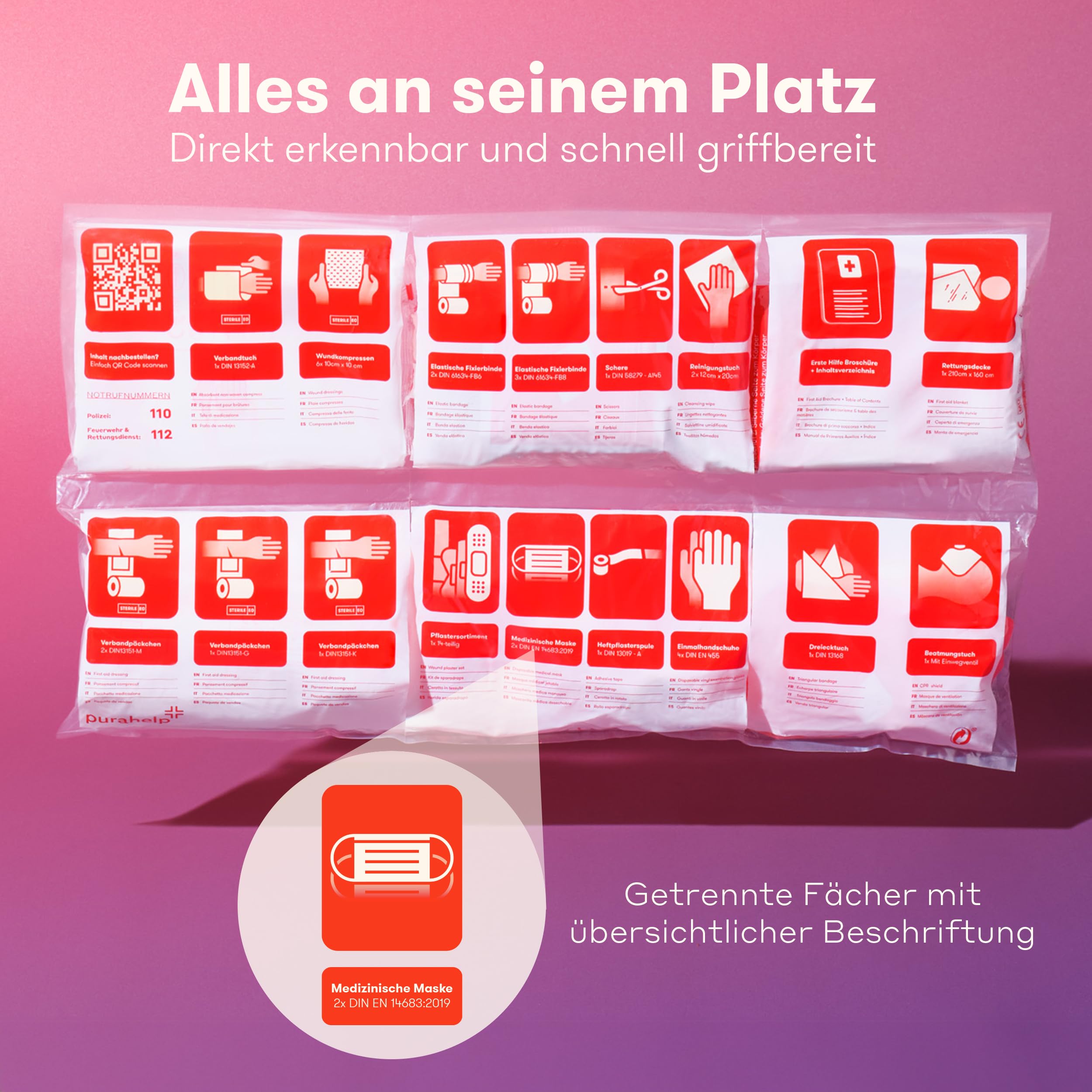 PURAHELP® KFZ Kombitasche inkl. Beatmungstuch [DIN 13164] - Verbandskasten Auto mit Warndreieck & Warnweste - PKW Verbandskasten StVO Konform für 2026 - Erste Hilfe Set Auto - First Aid Kit Car