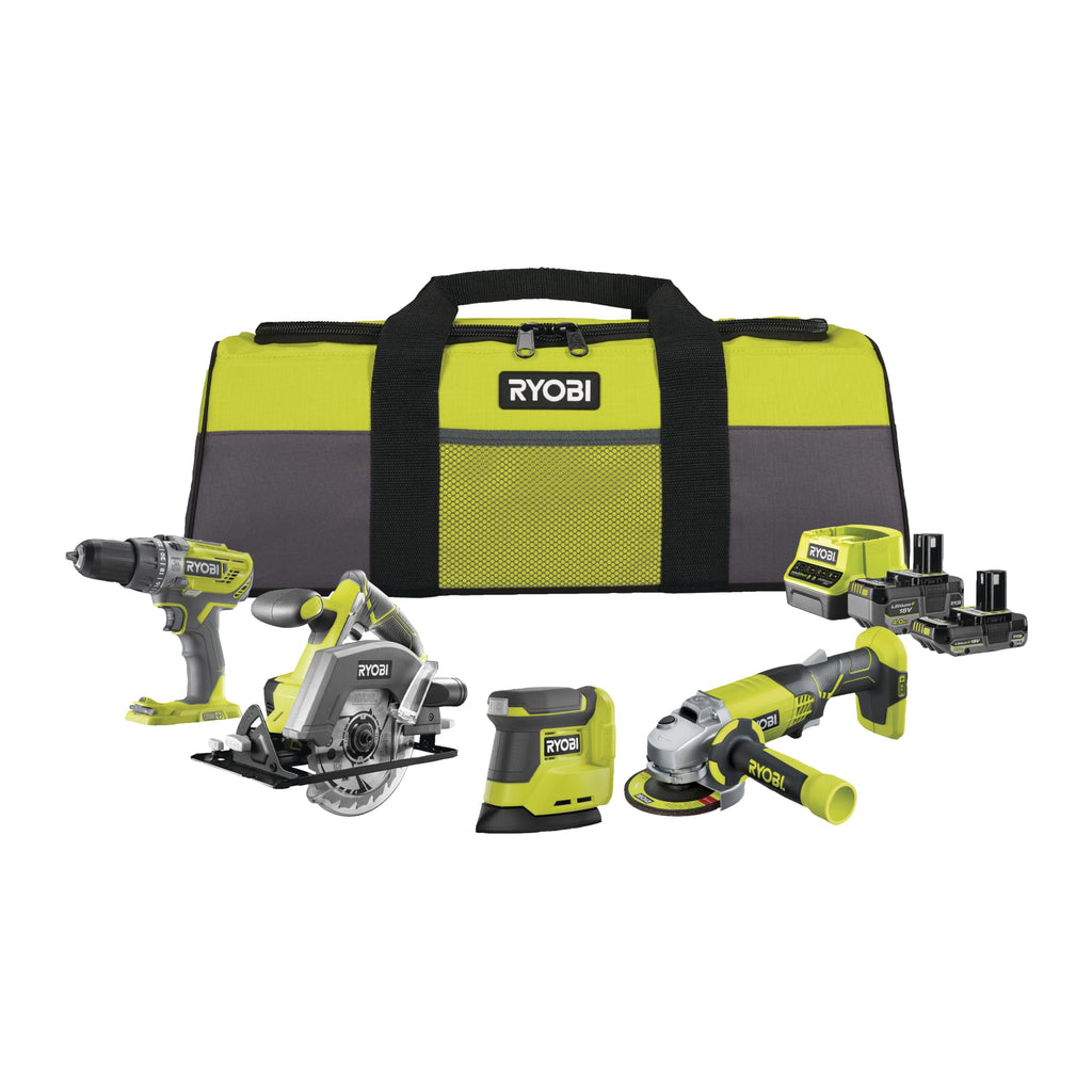 RYOBI 18V ONE+ 8-tlg, Akku-Combo-Kit RCK184O-242SZL, Schlagbohrschrauber, Winkelschleifer, Handkreissäge, Delta-Vibrationsschleifer, 2x Akkus (4,0Ah & 2,0Ah), Ladegerät, Werkzeugtasche