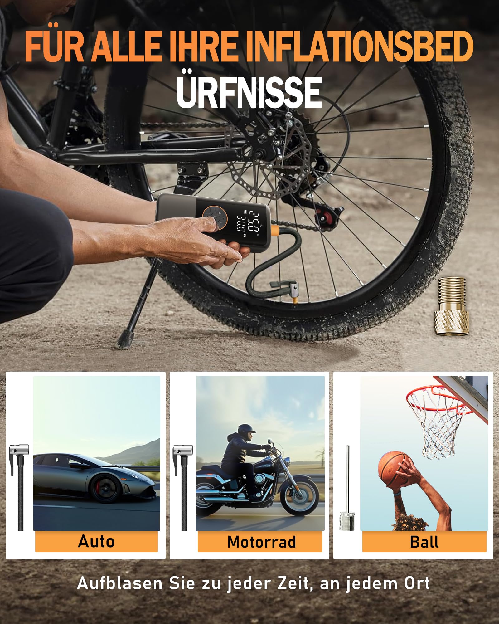 Elektrische Luftpump mit Akku, 150 PSI Luftpumpe für Fahrradpumpe, Tragbar Mini Kompressor mit Manometer & Doppelt-LED-Anzeige, 12V DC Elektrische Autoreifen für Autos, Motorräder, Fahrräder und Bälle